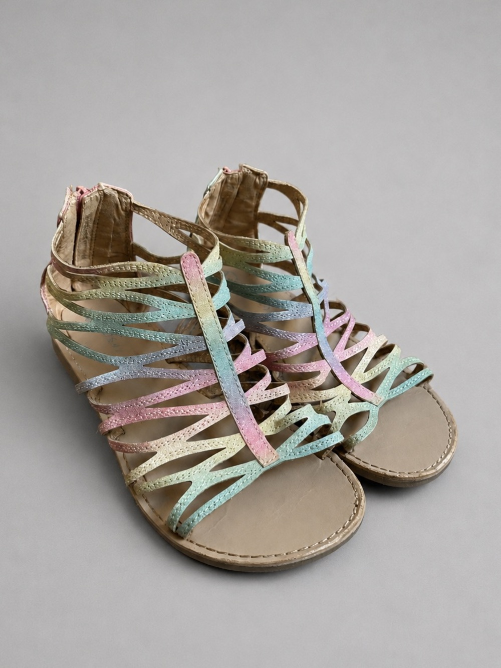 V Girls Rainbow Ombre Glitter Gladiator Sandals Strappy Back Zip Flat Size 4